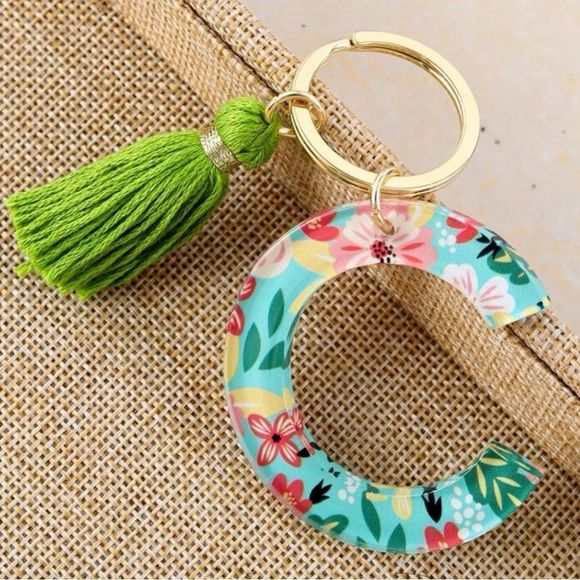 New Floral C Initial Letter Keychain Purse Charm Gift Green Blue Pink Red - Picture 1 of 6